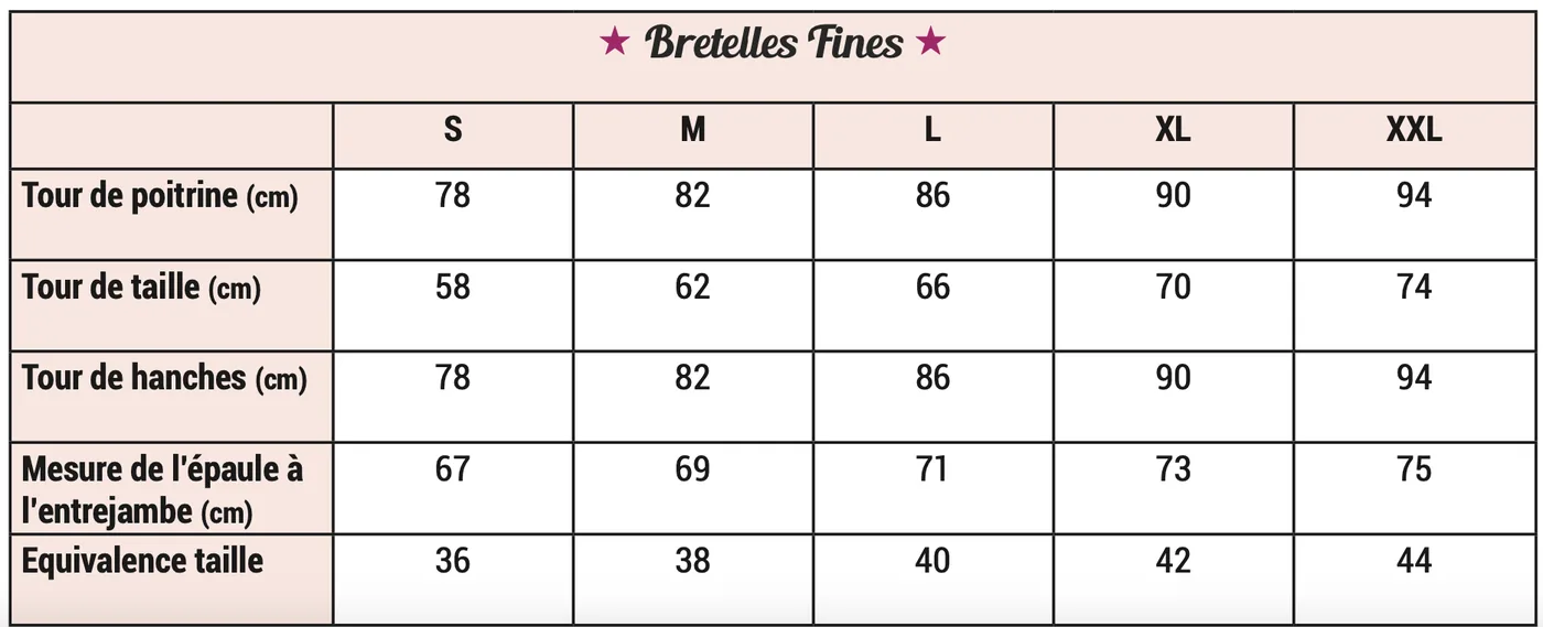 Tableau des tailles, bretelles fines adulte