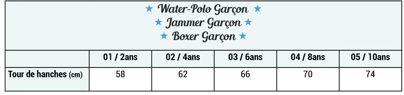 Tableau des tailles water-polo garçon